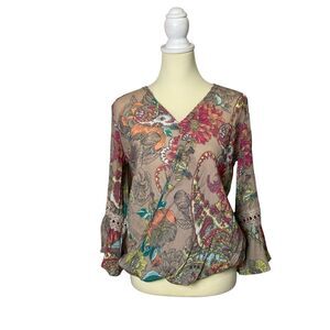 Spense Floral Paisley Colorful Boho Bell Sleeve Blouse Women's Size Small